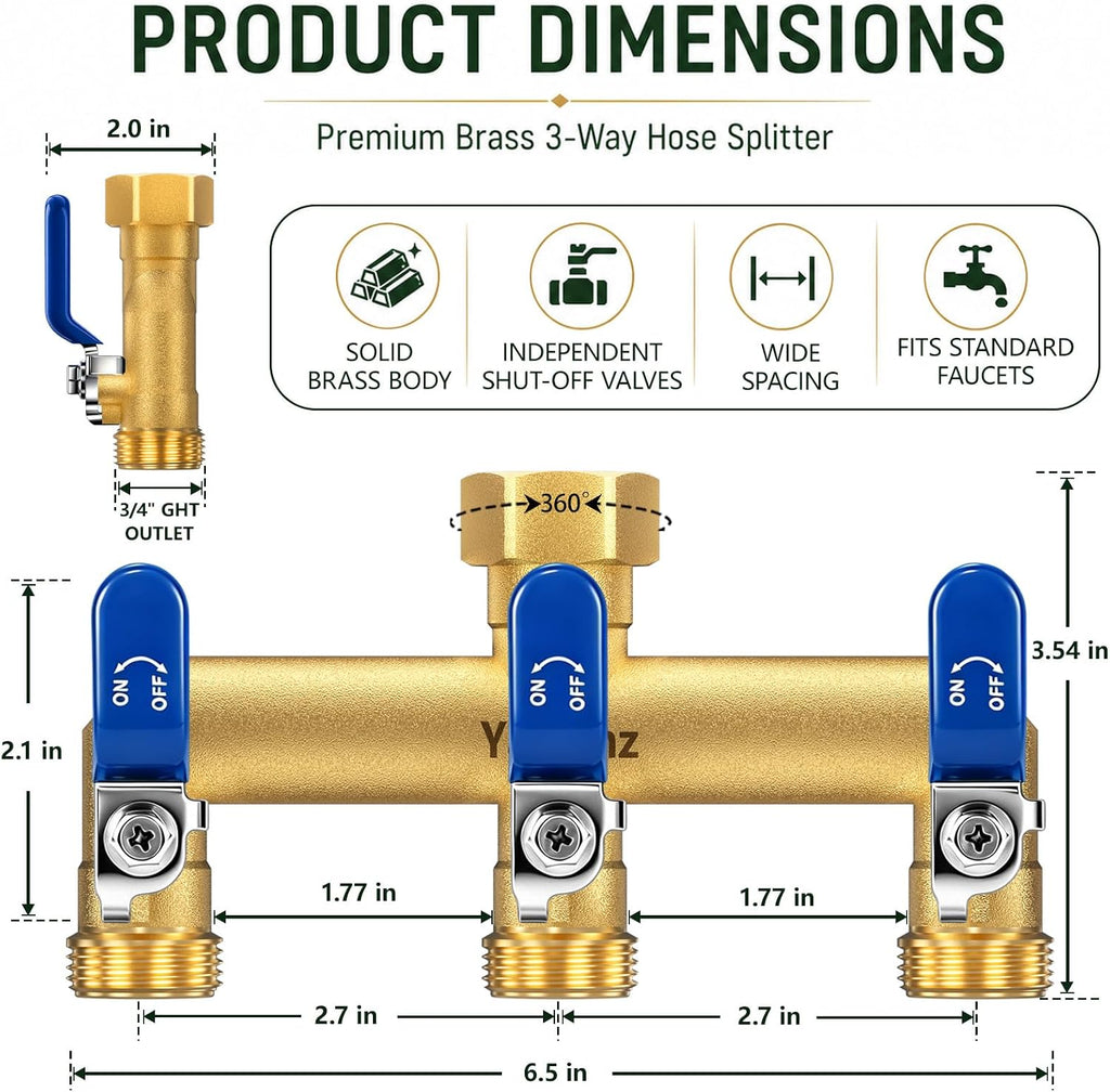 3 Way Garden Hose Splitter, 3/4" GHT Brass Hose Splitter | Wide Spacing Fits Large Timers, 90° Downward Outlets, 3/4"