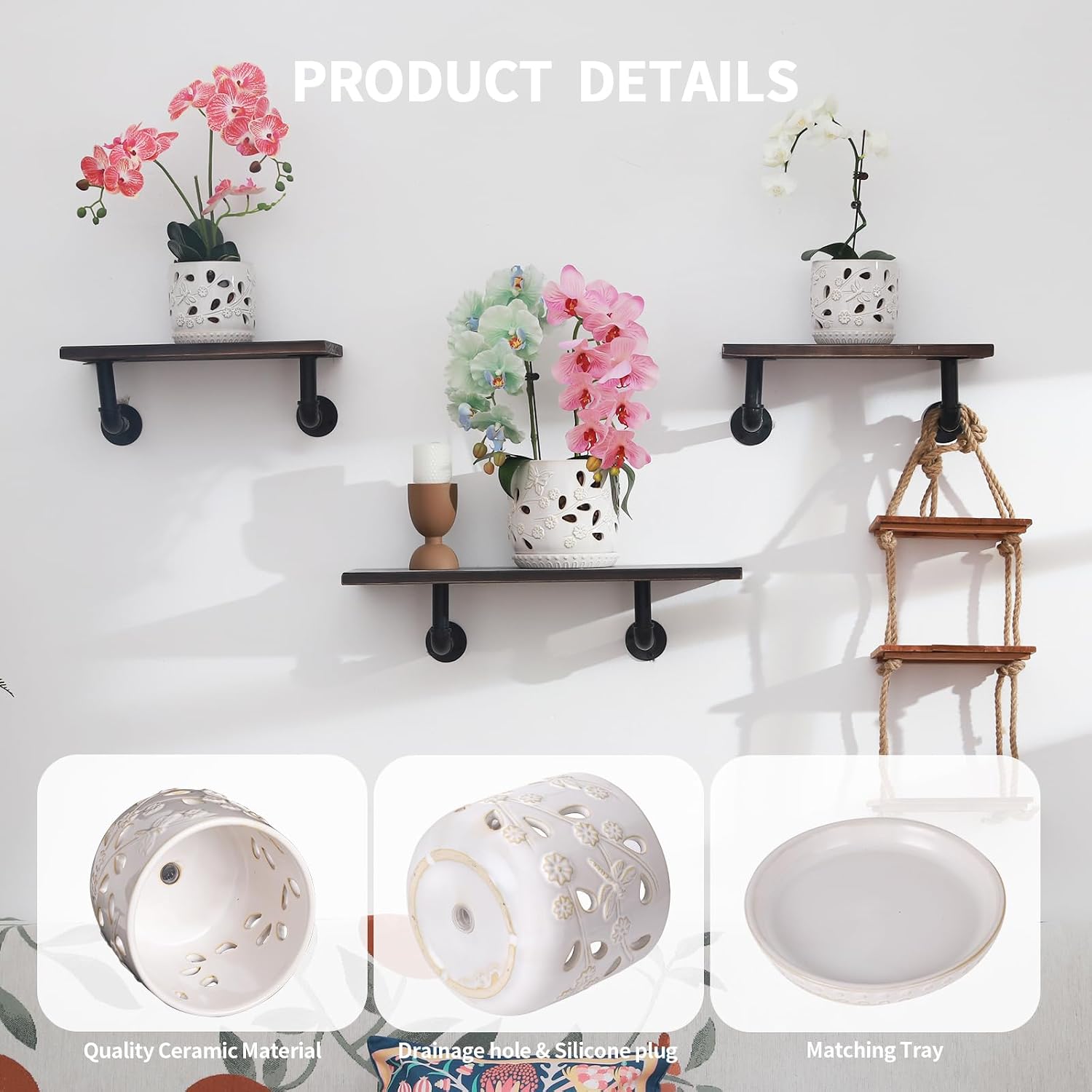 6.5" + 5" Ceramic Orchid Pot with Drainage Holes & Saucer | Orchid Containers with Precise Aeration, White Flower Pots