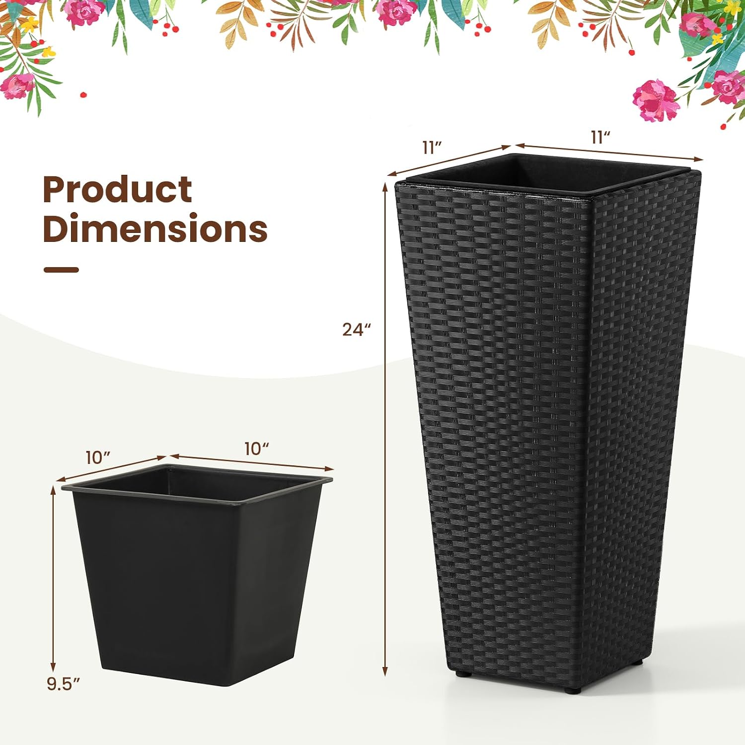 HAPPYGRILL 24" Tall Rattan Plant Pots Set of 2 with Adjustable Foot Pads | Outdoor Taper Planter w/Detachable Inner