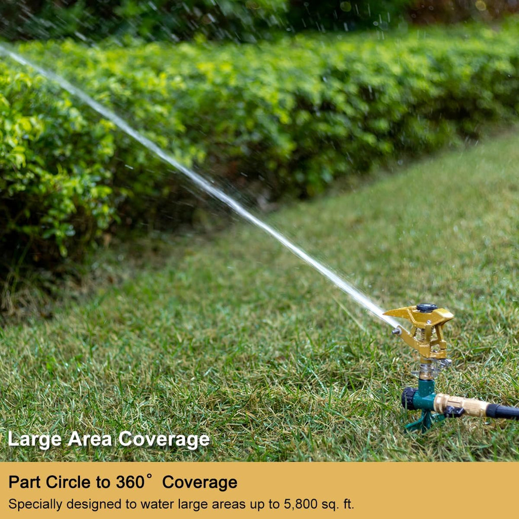 FANHAO Heavy Duty Pulsating Impact Sprinkler on Spike Base, 100% Metal Impact Sprinkler with 360° Adjustable Spray