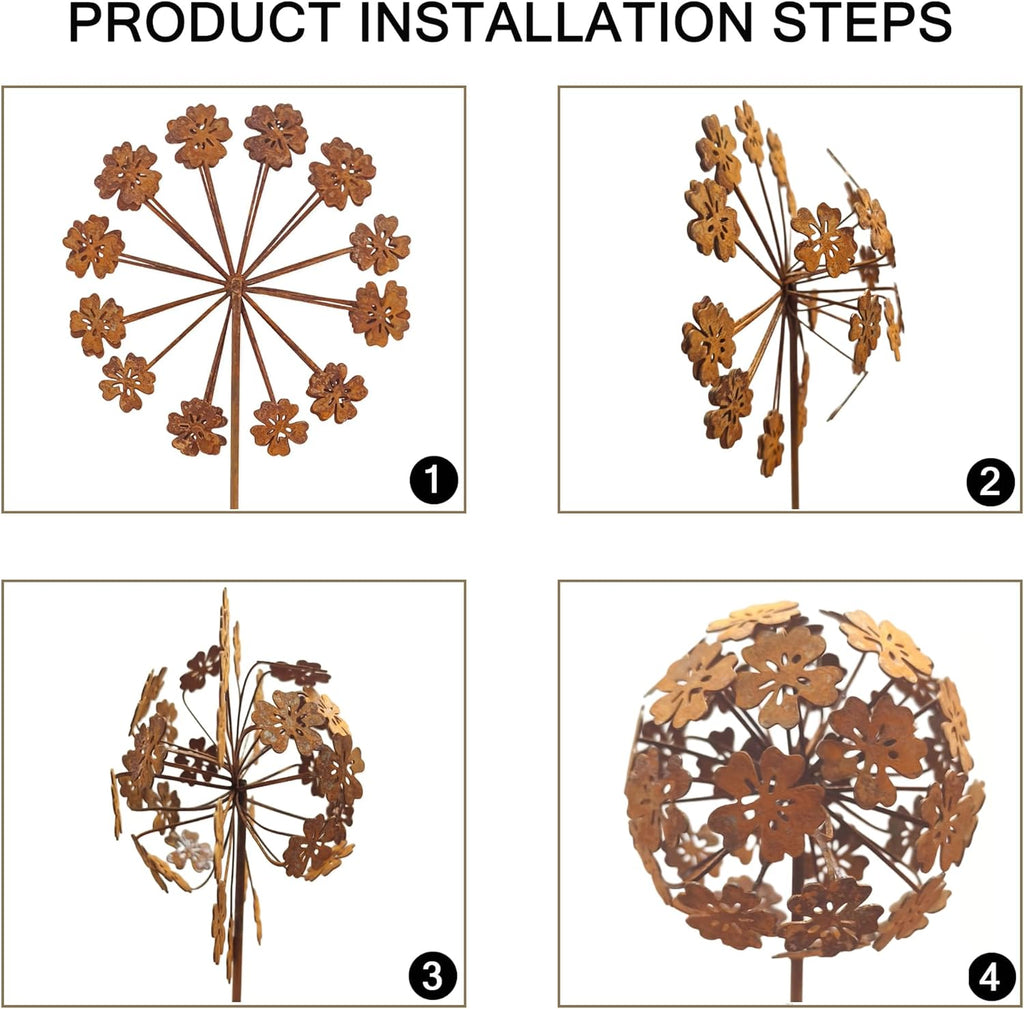 Rustic Dandelion Garden Stakes 2 Pack, 3D Rusty Metal Flowers Sculpture | Decorative Garden Stake, Outdoor Yard Art