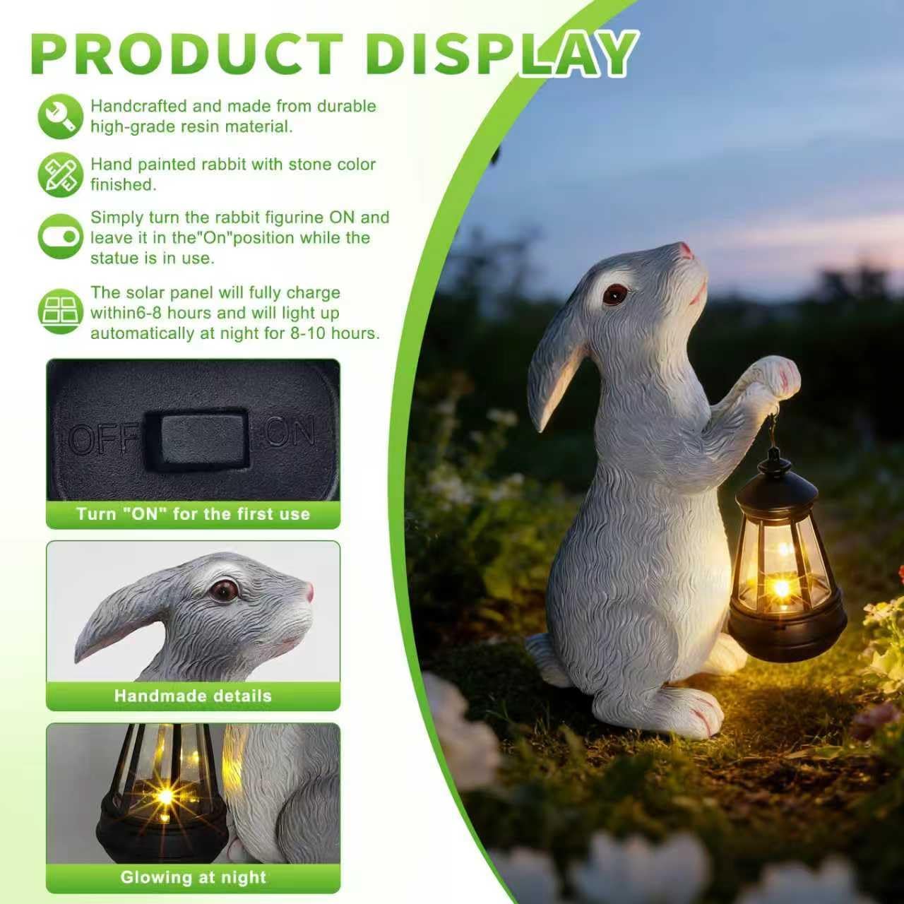 11.8 Inch Solar Rabbit Statue with Glowing Lantern, Handcrafted Resin Easter Bunny Figurine, Waterproof Outdoor Garden