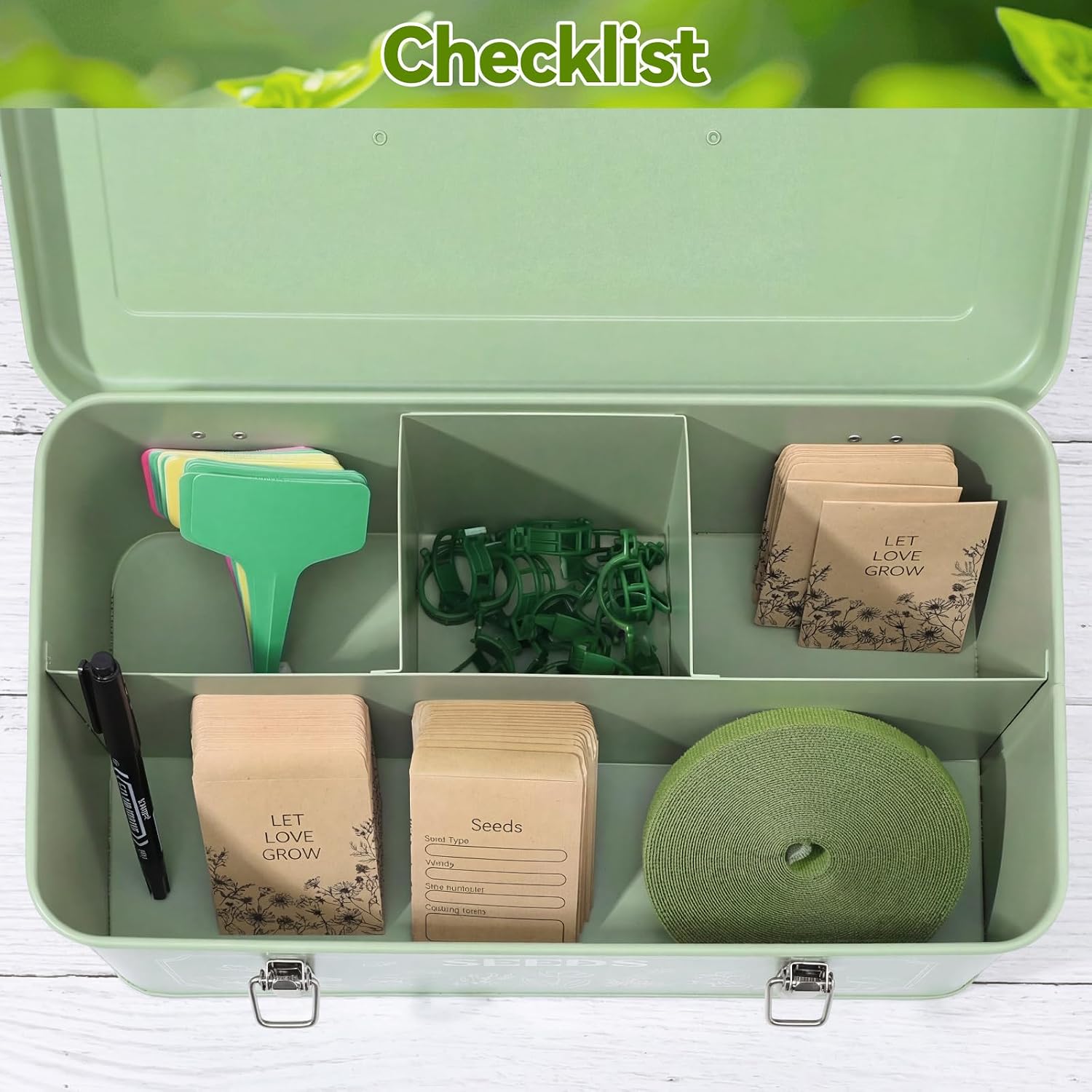 Metal Seed Storage Box With Lid, 4 Compartments, Garden Organizer | Includes 50 Labels, 50 Envelopes, 20 Plant Clips