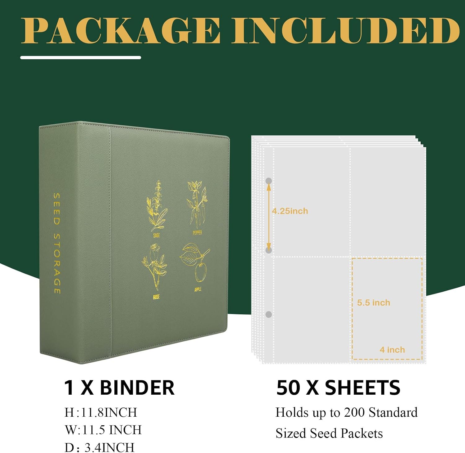 Seed Storage Organizer, Binder with 50 Pack Sleeves, Gift for Garden Lover | Large Capacity Stores 200 Seed Envelops
