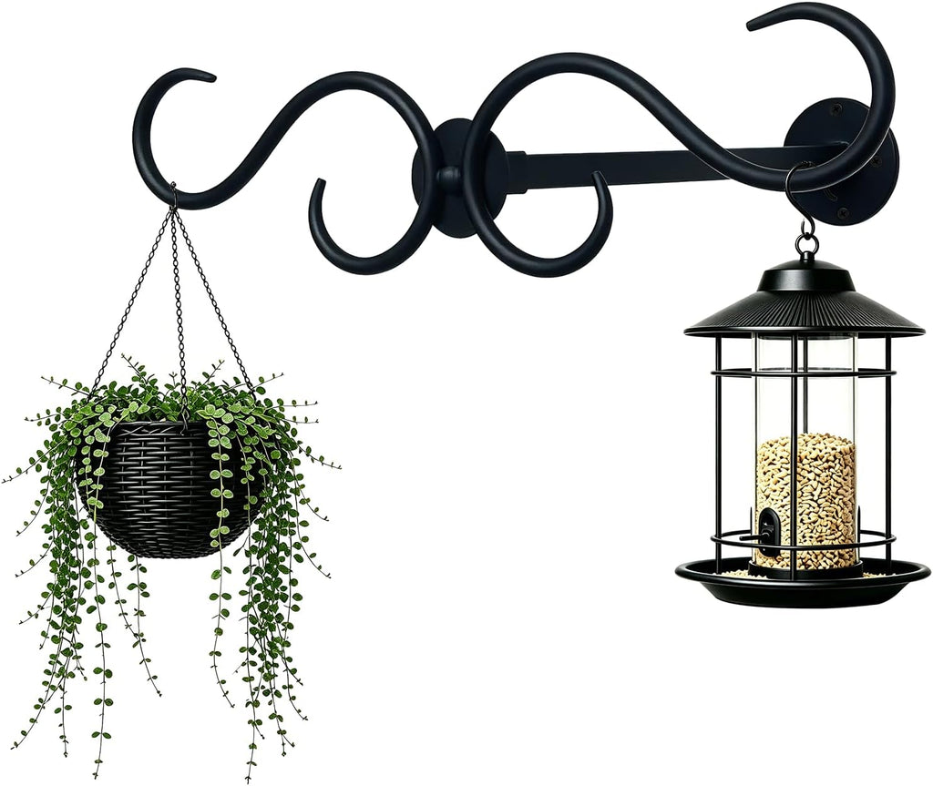 Wall Mount Double Shepherds Hook for Outdoor Bird Feeder & Planter, Heavy Duty Bracket with 12" Standoff, Rustproof