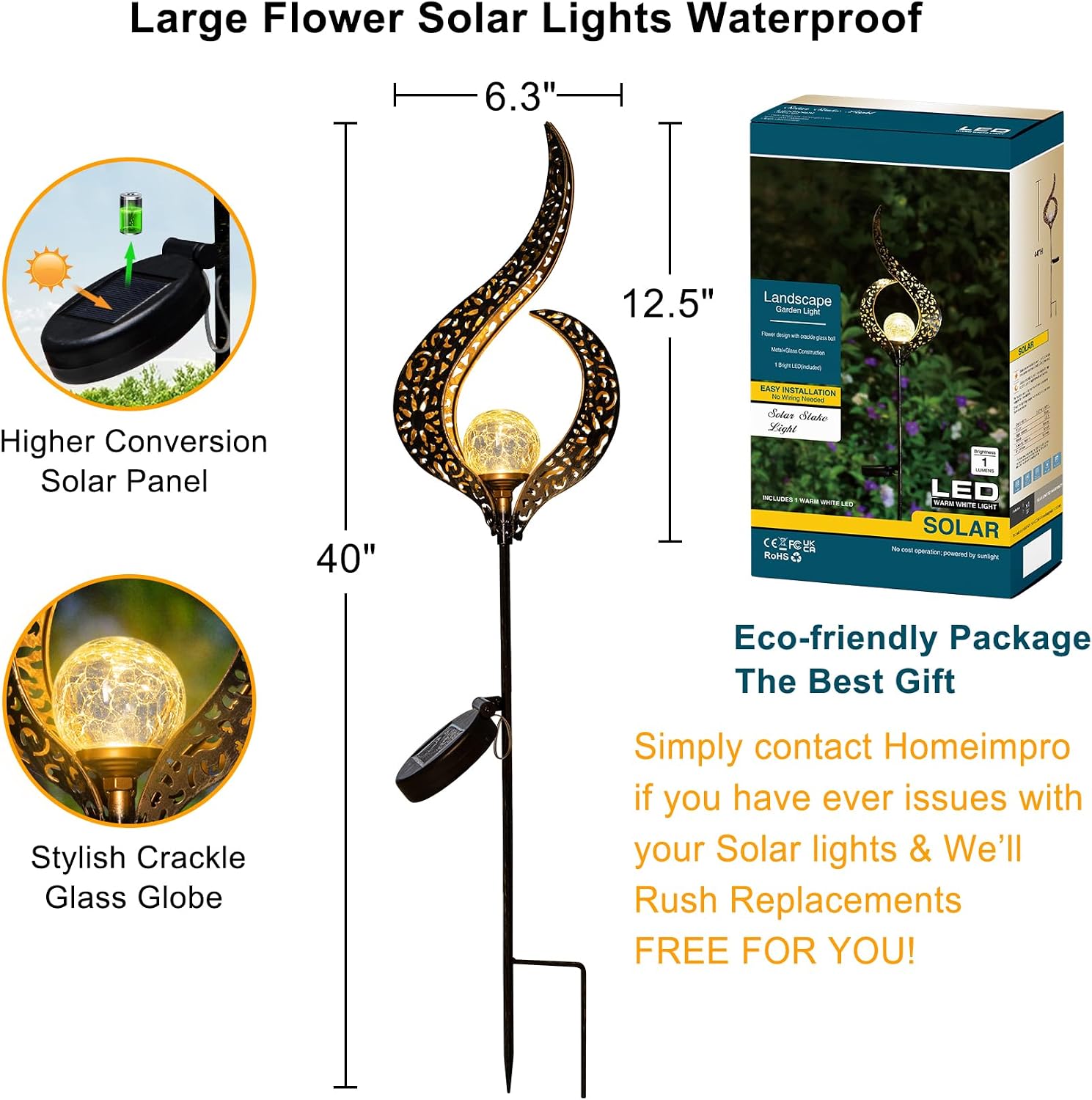 Outdoor Garden Gifts Solar Lights Stake Waterproof, Mothers Day Gifts Mom, Crackle Glass Metal Flower LED Yard Art