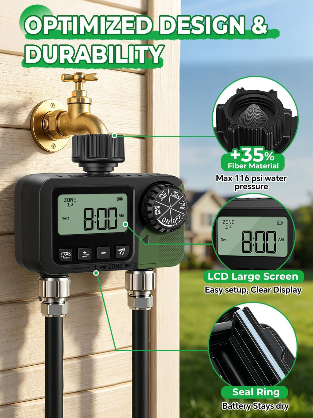 Sprinkler Timer 2 Outlets, Programmable Water Hose Timer with Rain Delay/Manual/Automatic Watering System, Outdoor