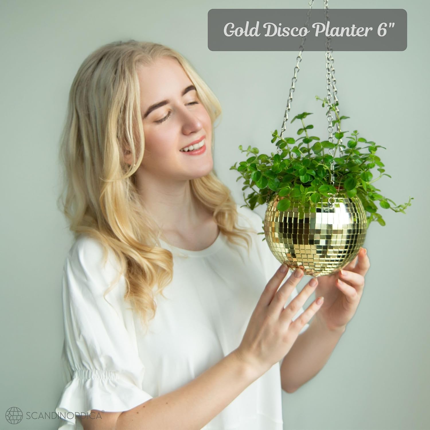 Disco Ball Planter – Value Package: Mirror Disco Planter with Chain, Macrame Hanger and Acrylic Stand for Desk