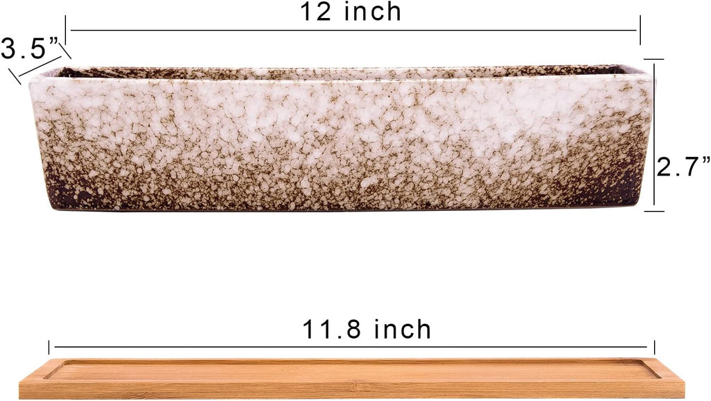 Succulent Pots - Large Succulent Planter Pots with Drainage, 12 Inch Long Rectangle Bonsai Pot with Bamboo Tray Shallow