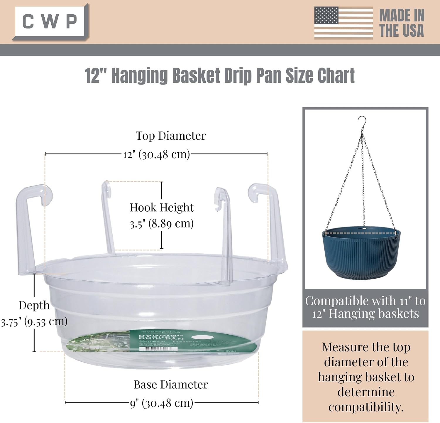Curtis Wagner Plastics Hanging Basket Drip Pans (5-Pack) | Clear, Round (Diameter = Base 9", Top 12", Depth 3.75")