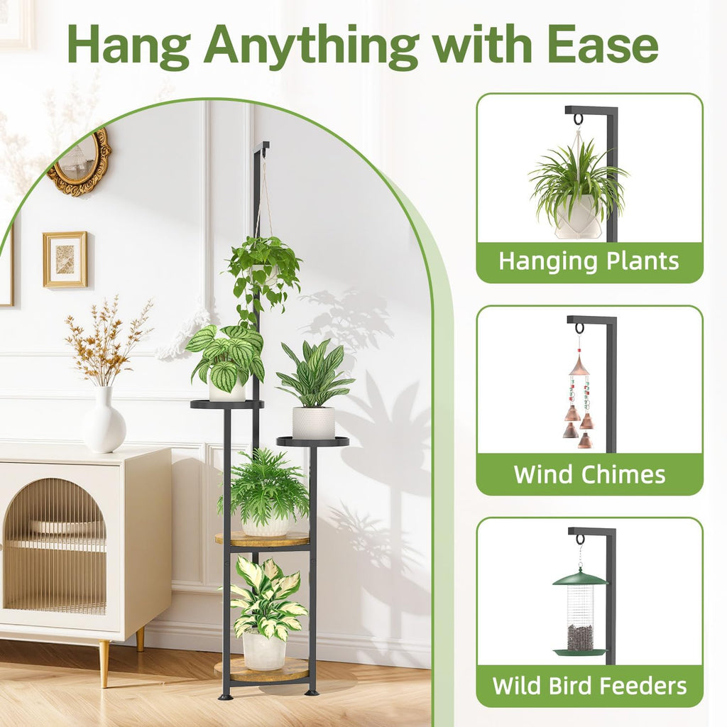 iDavosic.ly Hanging Plant Stand Indoor, 4 Tier 62 Inch Tall, Black & Brown | Vertical Corner Metal Flower Shelf with