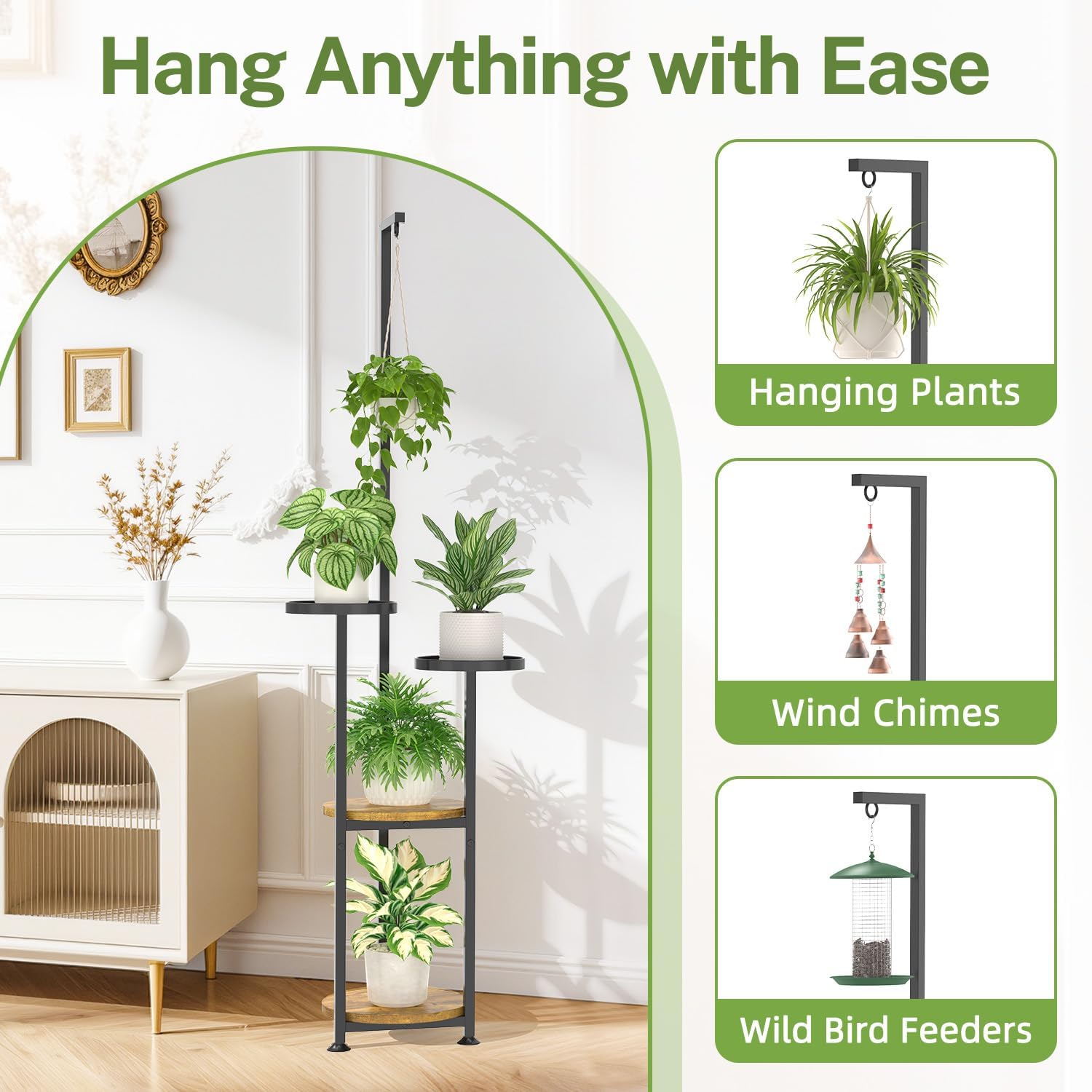 iDavosic.ly Hanging Plant Stand Indoor, 4 Tier 62 Inch Tall, Black & Brown | Vertical Corner Metal Flower Shelf with