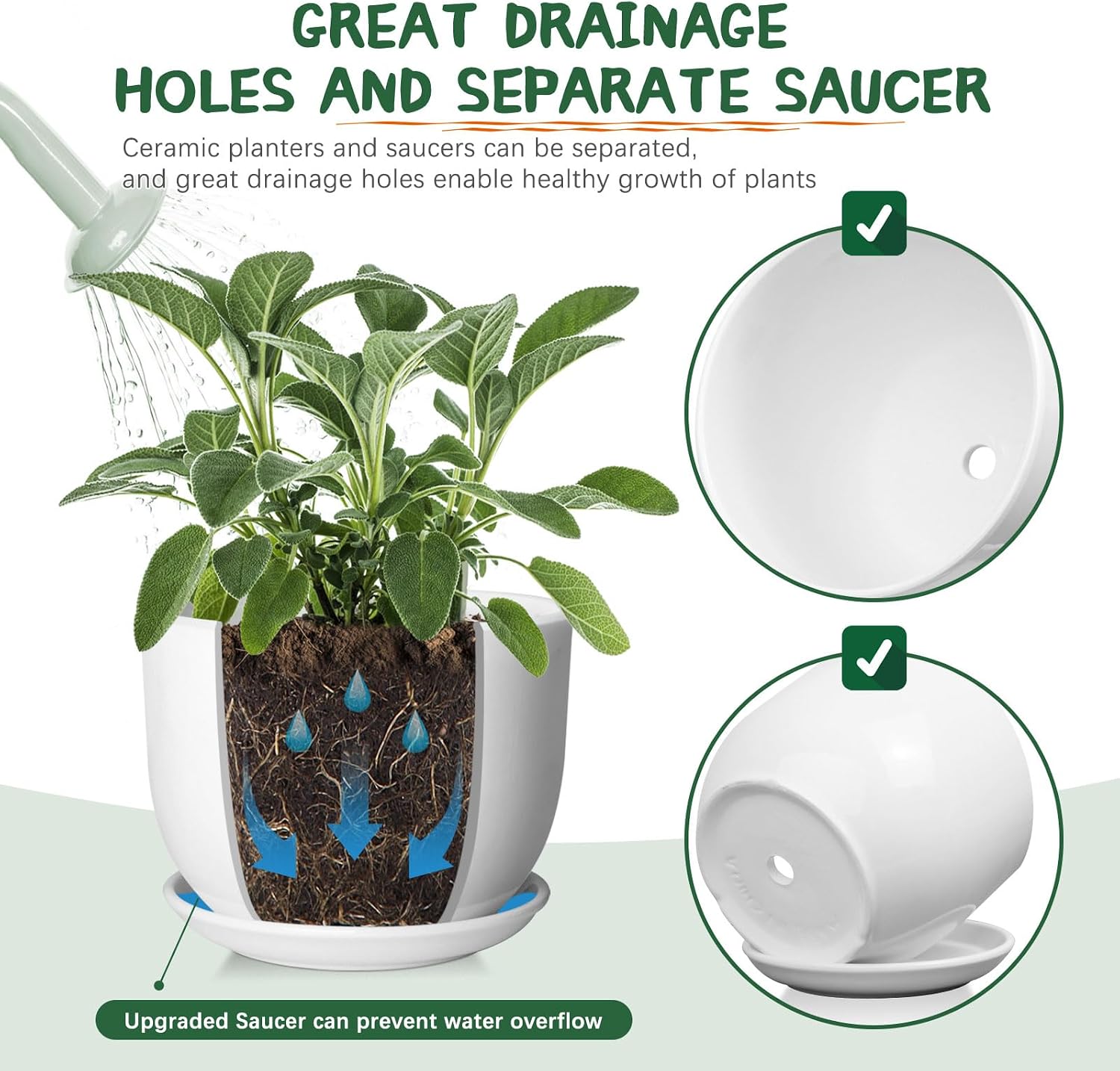 8 Inch Ceramic Planter, Plant Pots with Drainage Hole and Separable Saucer,Indoor-Outdoor Round Succulent Orchid Flower