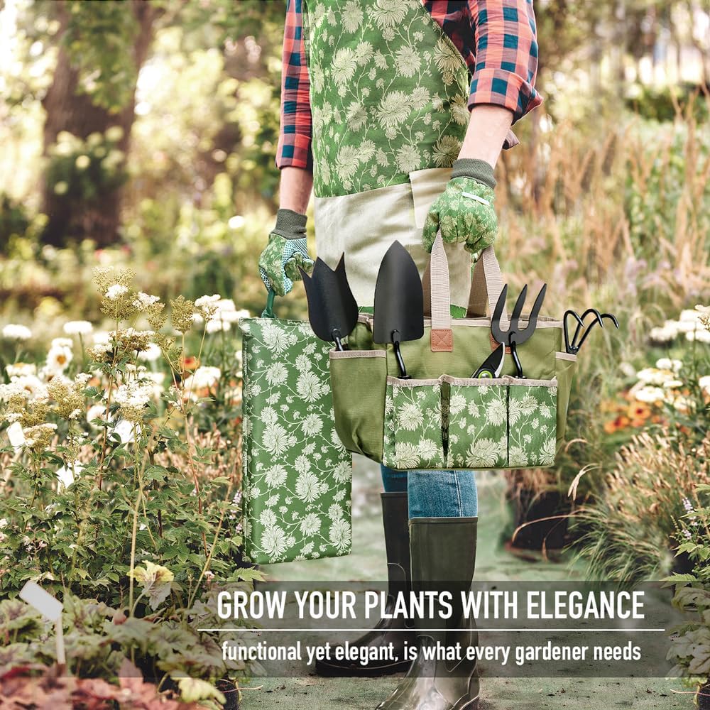 Garden Tools Set, 8 Piece, Heavy Duty Gardening Tools with Wooden Handle, Including Garden Tote, Kneeling Pad, Gloves