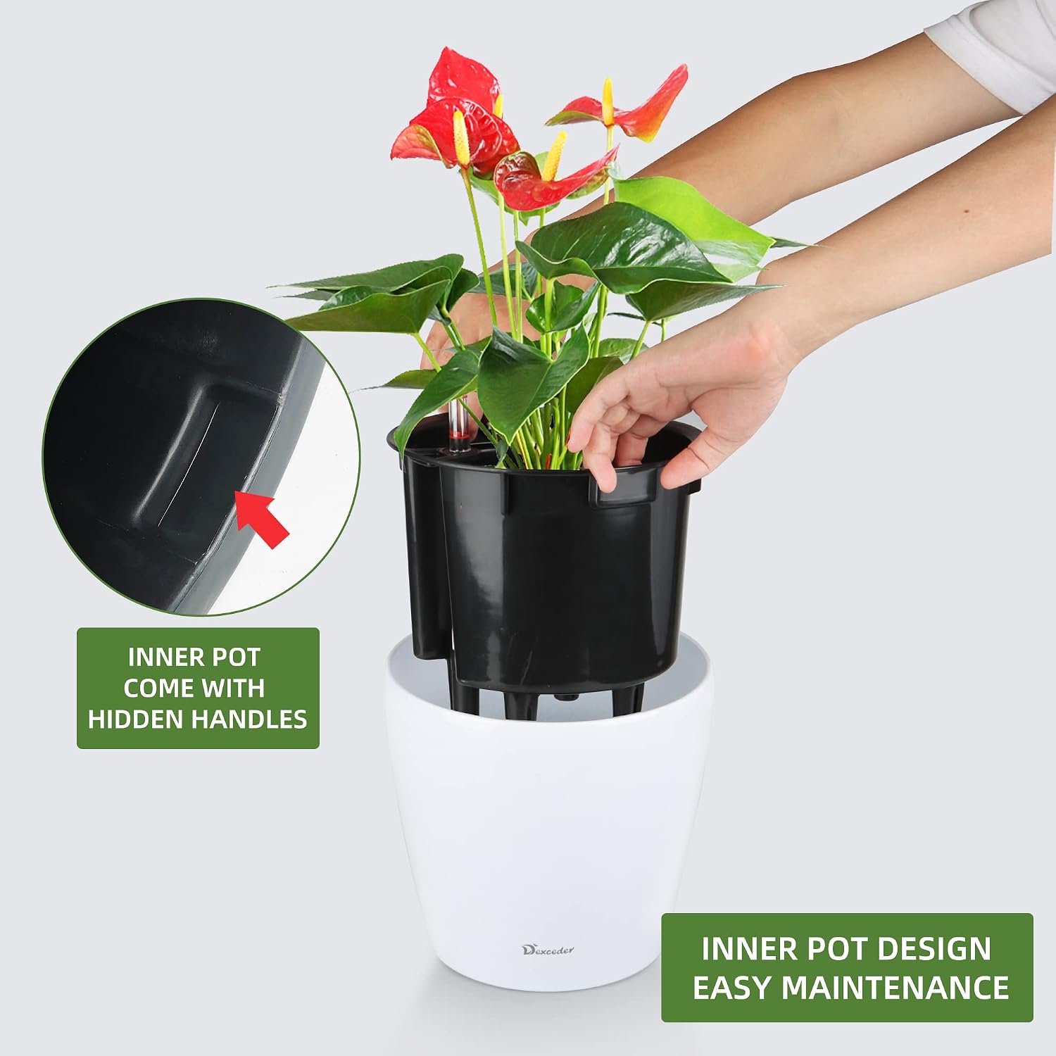 Dexceder 9x8 Self Watering Planter (White High Gloss) | Inner Pot Design, Thickened Table Flower Plant Pot with Water