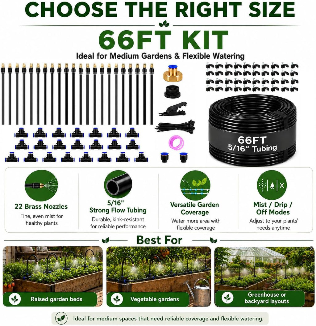 66FT 5/16" Garden Watering Kit with 22 Brass Nozzles | 22 brass nozzles, 5/16" tubing, brass faucet adapter