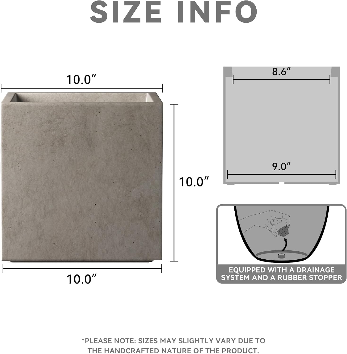 Kante Small Square Weathered Concrete Planter 10" W, Outdoor | Rubber Plug for Indoor, Drainage for Garden, All-Weather