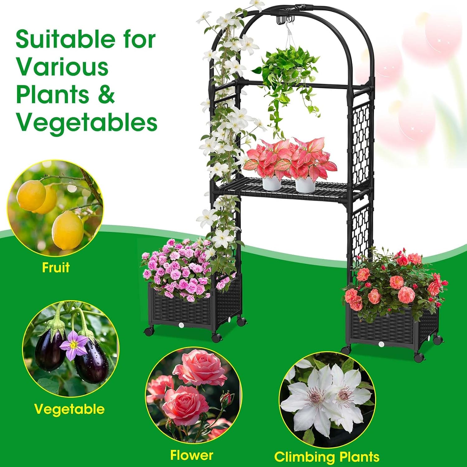 Planter Box with Trellis,5.9ft/71in Self Watering Raised Garden Bed with Wheels and Storage Shelf,Drainage Holes,for