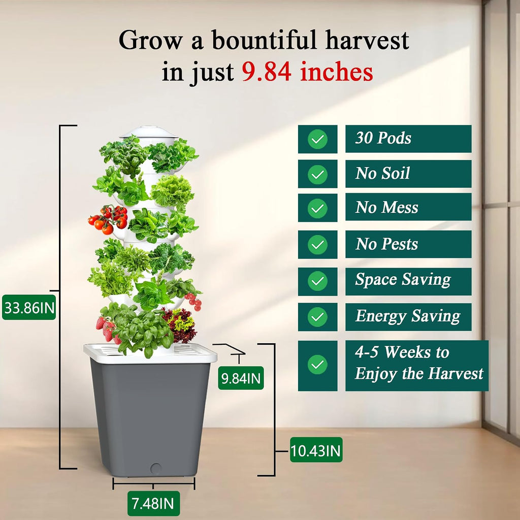 Hydroponics Growing System, 30-Plant Indoor Hydroponic Tower with Timer and Pump System, Plants Germination Kit