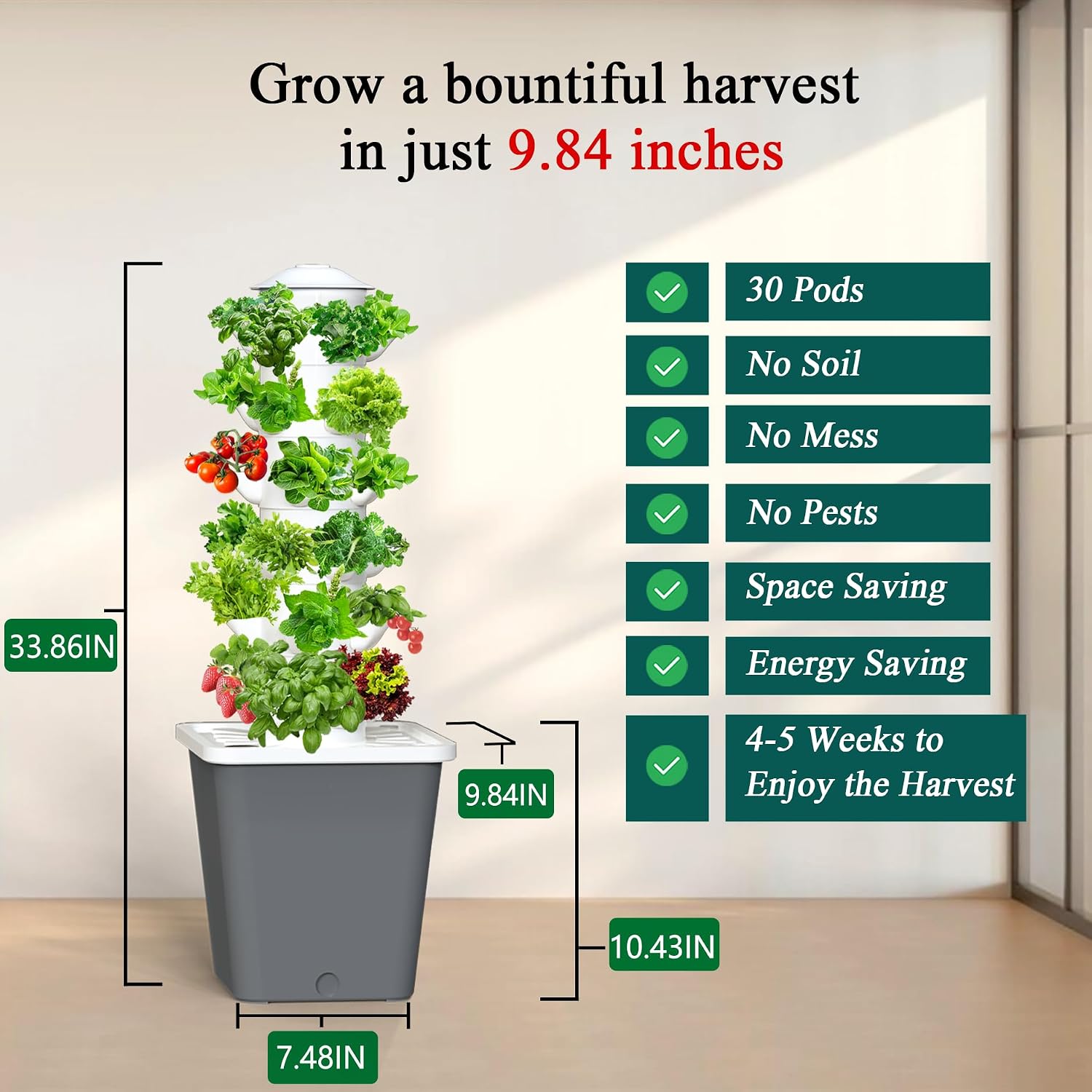 Hydroponics Growing System, 30-Plant Indoor Hydroponic Tower with Timer and Pump System, Plants Germination Kit