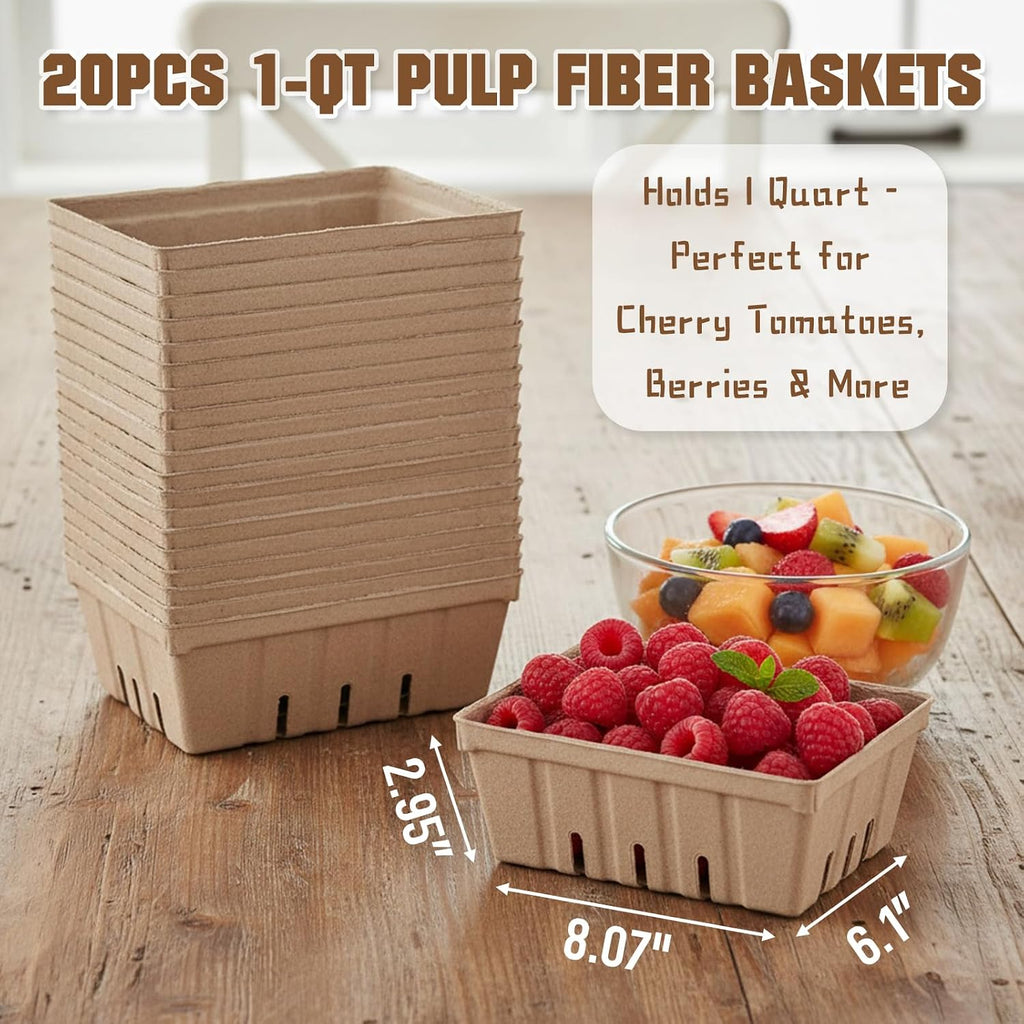Natural Pulp Fiber Berry Baskets, 20 Pack 1-Quart (2 Pint) Large Vented Produce Containers for Fruits, Veggies &