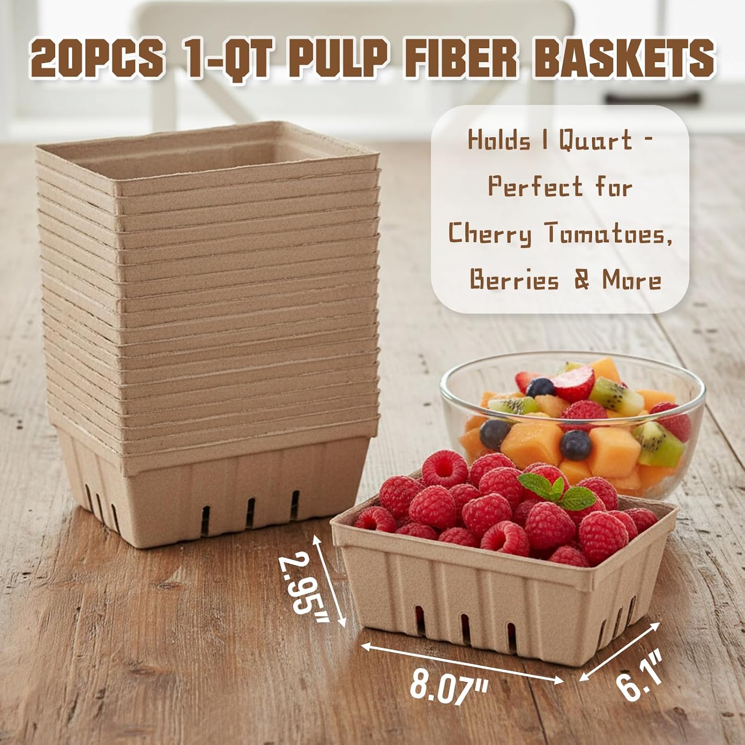 Natural Pulp Fiber Berry Baskets, 20 Pack 1-Quart (2 Pint) Large Vented Produce Containers for Fruits, Veggies &