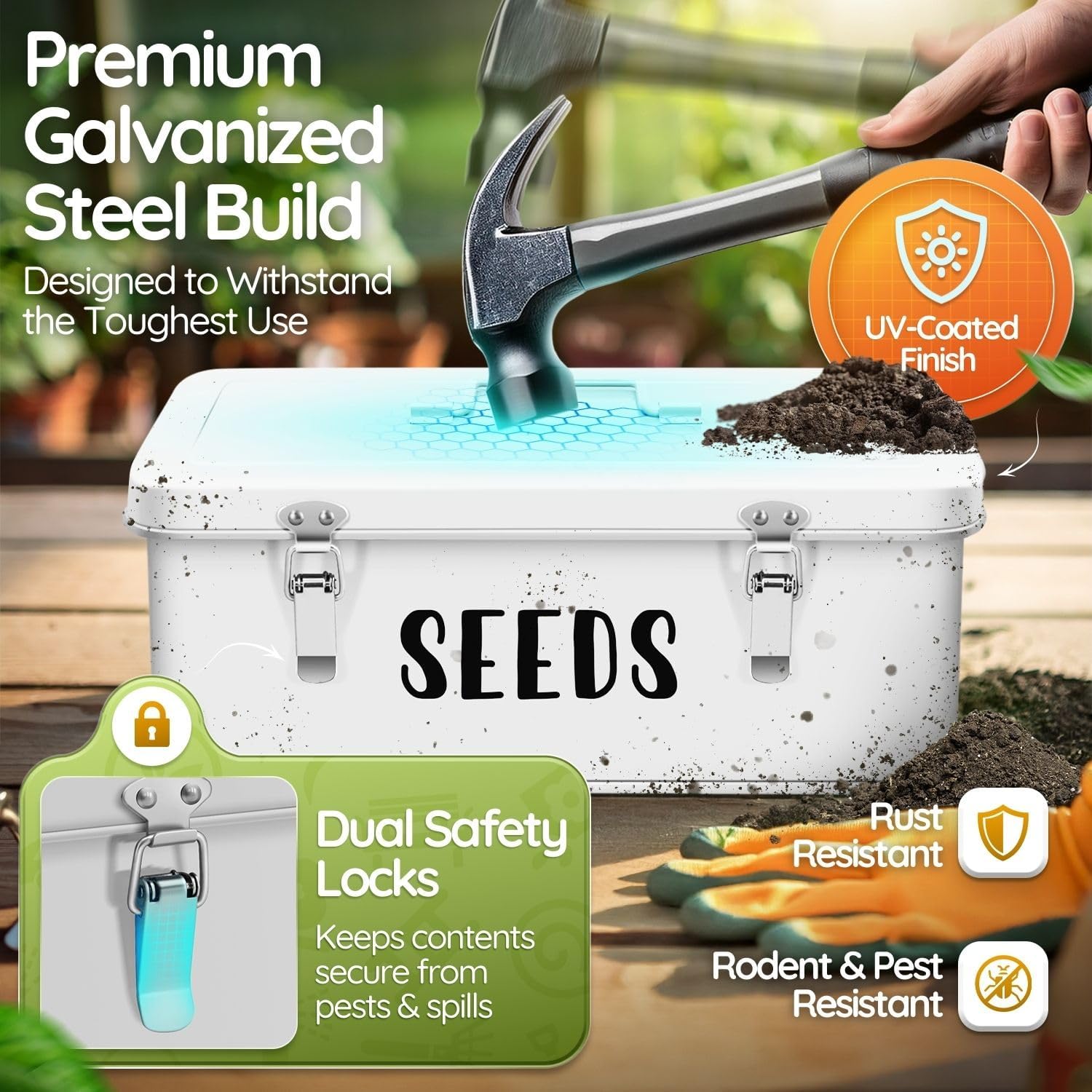 Flexzion Metal Seed Storage Organizer Box, 4 Compartments, 12 Inch, White | Seed Packet Organizer with Hinged Lid, Dual