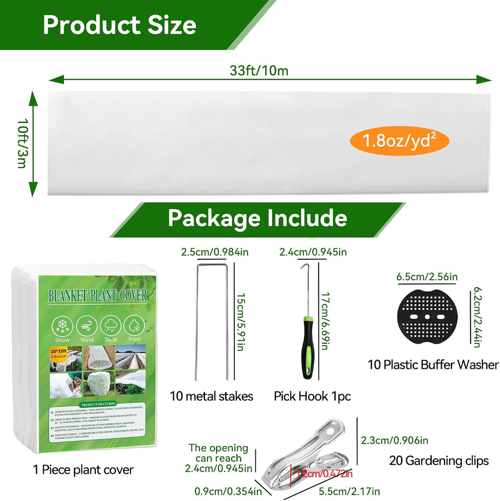 10 FT x 33 FT Plant Covers Freeze Protection kit - 1.8 oz/yd² Thickened Frost Cloths Blankets with Garden Row Cover