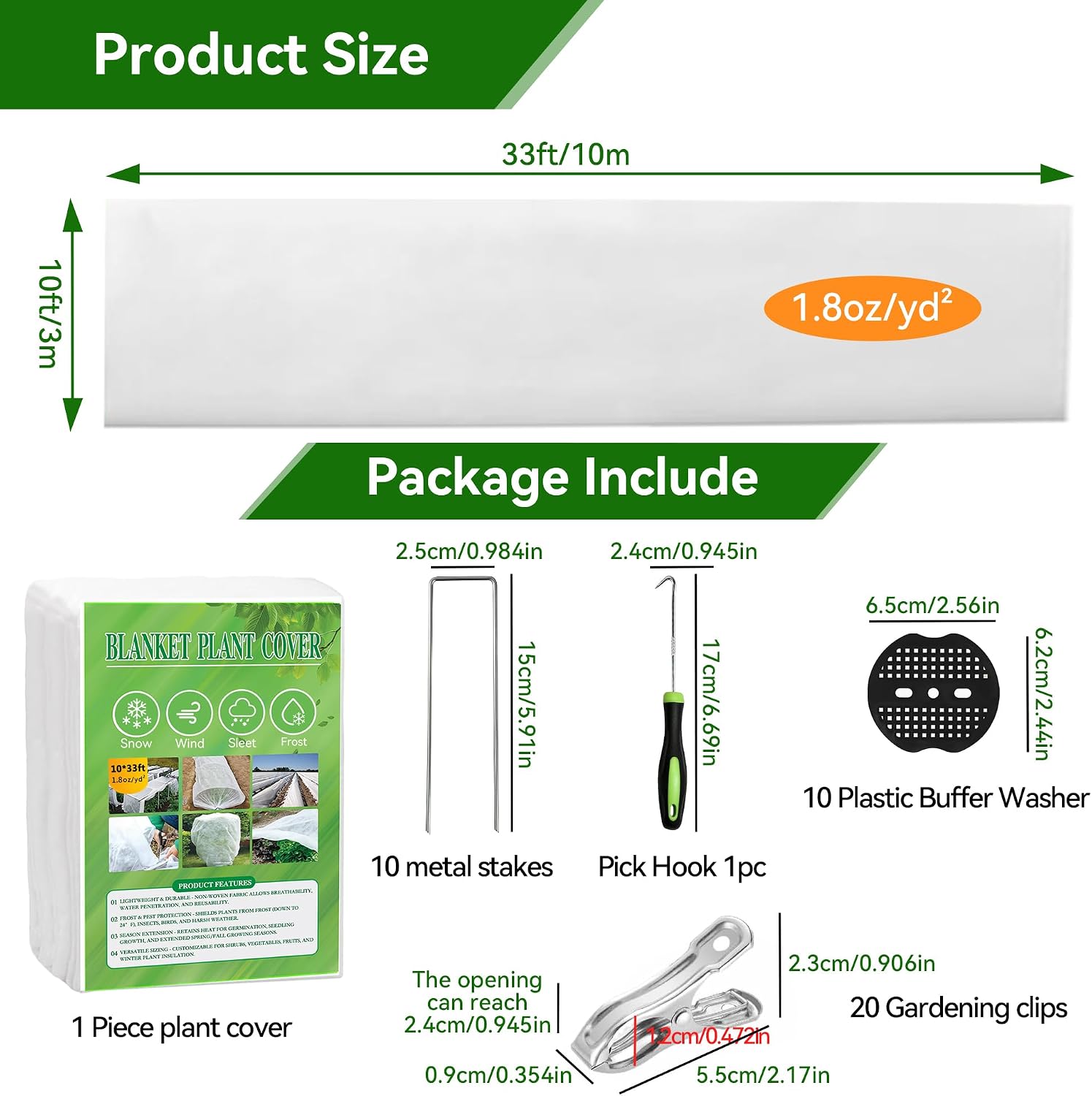 10 FT x 33 FT Plant Covers Freeze Protection kit - 1.8 oz/yd² Thickened Frost Cloths Blankets with Garden Row Cover