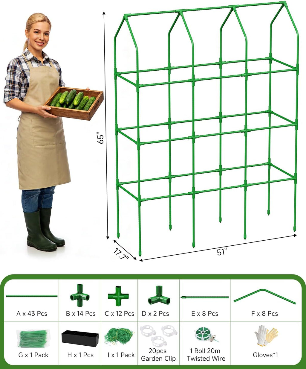 Cucumber Trellis with Grow Bag for Raised Bed, A-Shape Garden Trellis for Climbing Plants Outdoor, Metal Plant Trellis