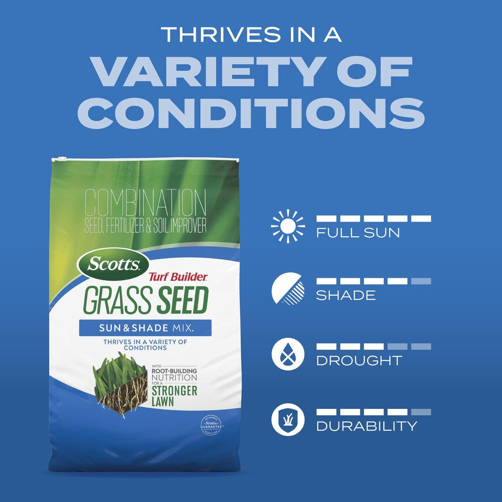 Scotts Turf Builder Grass Seed Sun & Shade Mix, 5.6 lbs. | Grass Seed Plus Lawn Fertilizer and Soil Improver, Thrives