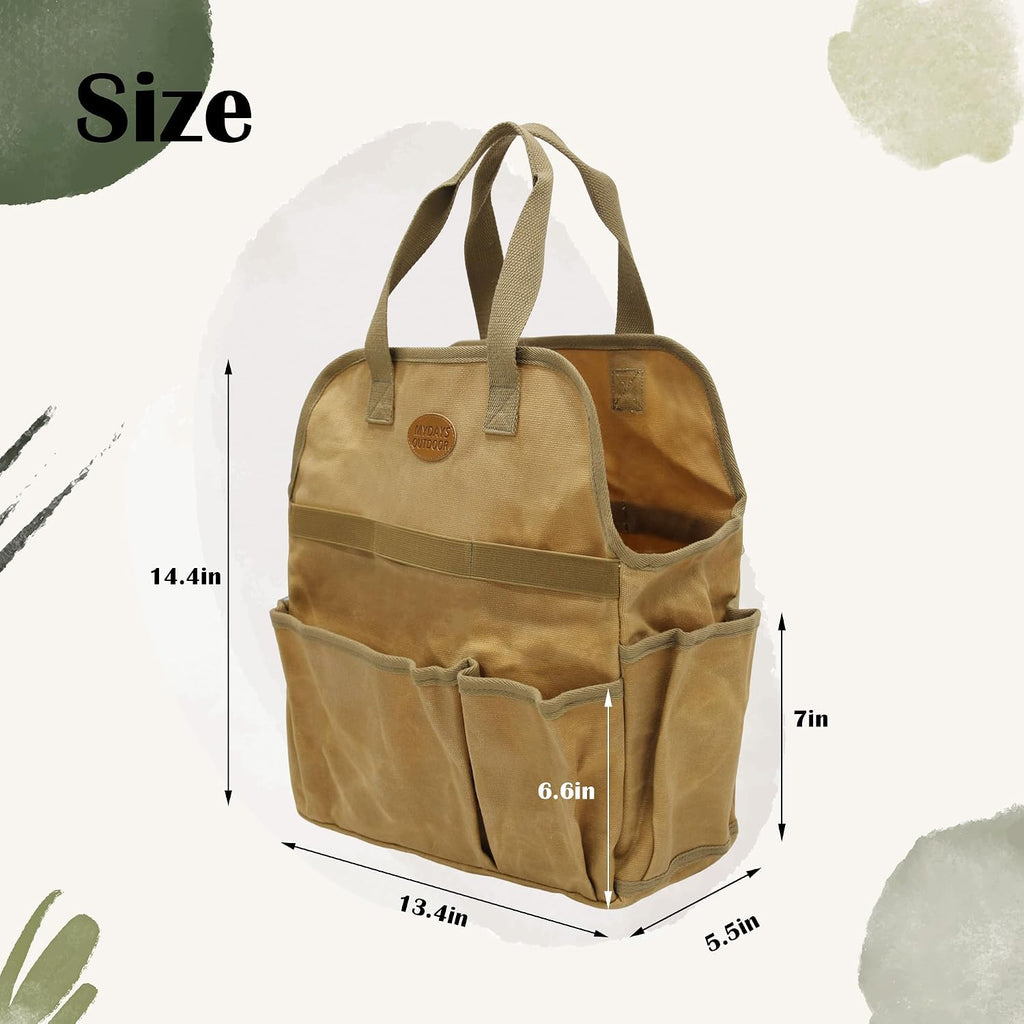 Waxed Canvas Utility Tote Bag, Large Capacity Multi-Pocket Garden Tool Bag, Heavy Duty Waterproof Work Tote for