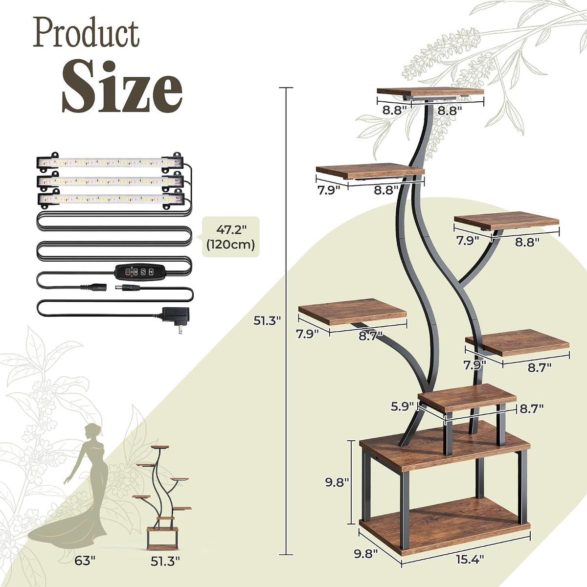 51.3 Inch Plant Stand with Grow Light, 6 Tiered Indoor Plant Shelf | Corner Plant Rack with Larger Flower Holder