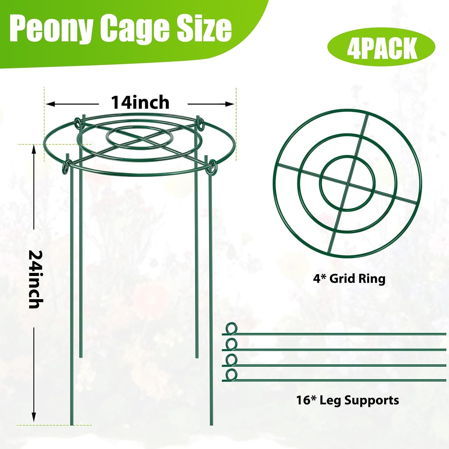 4 Pack Large Peony Cages and Supports, 14" D x 24" H Metal Plant Supports | Heavy Duty Metal Peony Support Cage Flower
