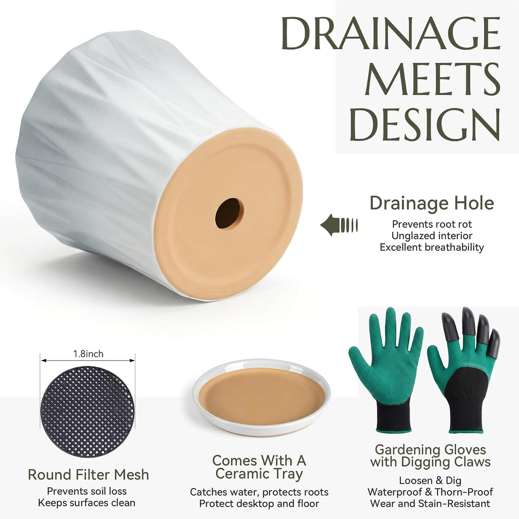 8.3 Inch Ceramic pots for Plants with Saucer Drainage Leak-Proof Mesh, Round Plant Pot with Gardening Gloves for Indoor