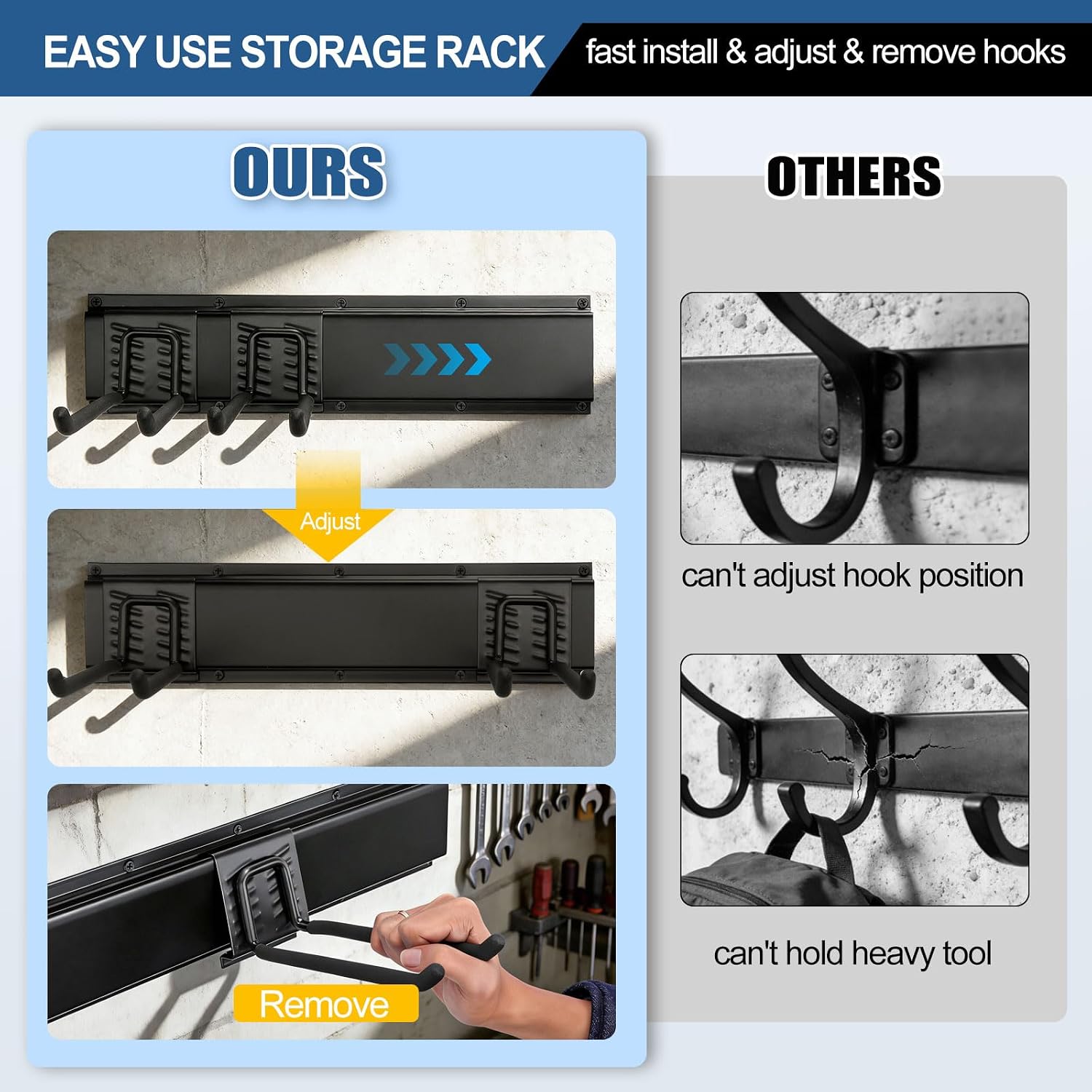 Garage Tool Organizer Wall Mount 49.5", 520lbs Heavy Duty Rack | 11 Adjustable Hooks for Garage Wall Garden & Yard