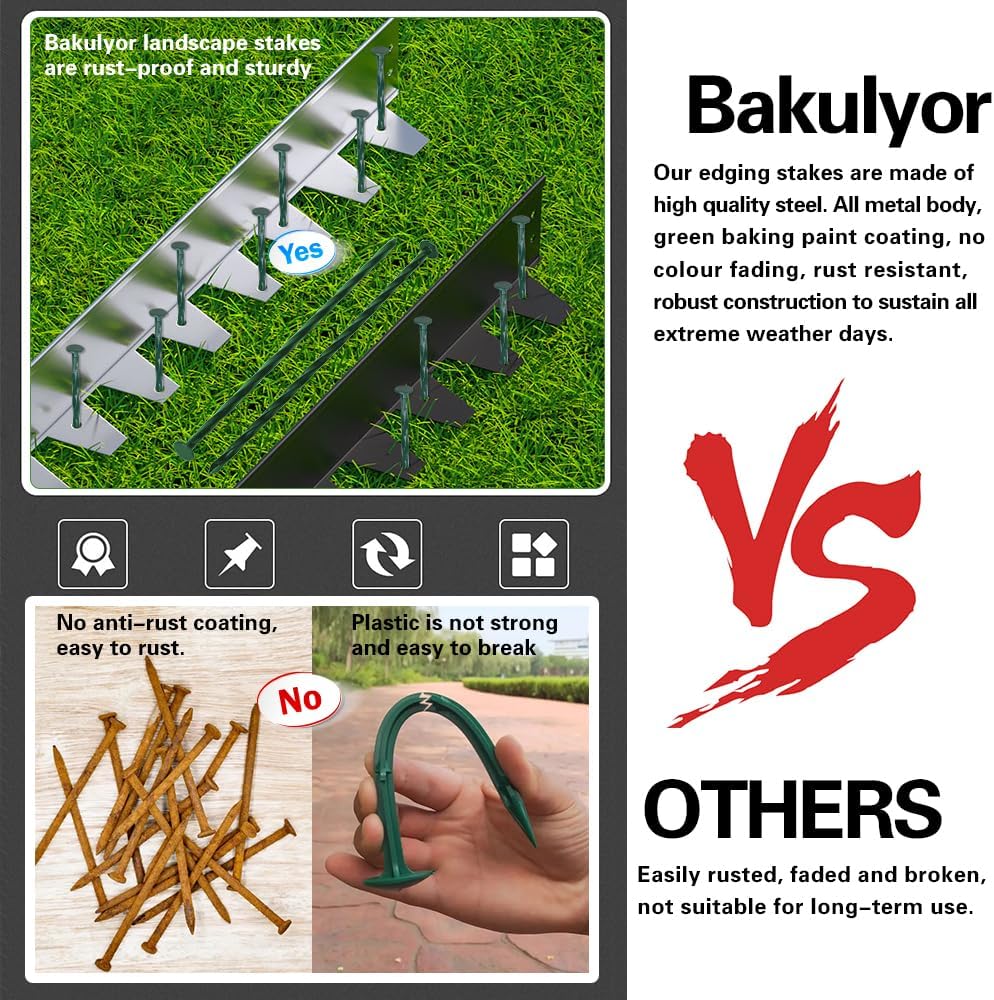 Bakulyor 50 Pack Metal Landscape Stakes, 8 Inch Artificial Grass Nails, 6 Gauge Large Landscaping Staples, Green Edging