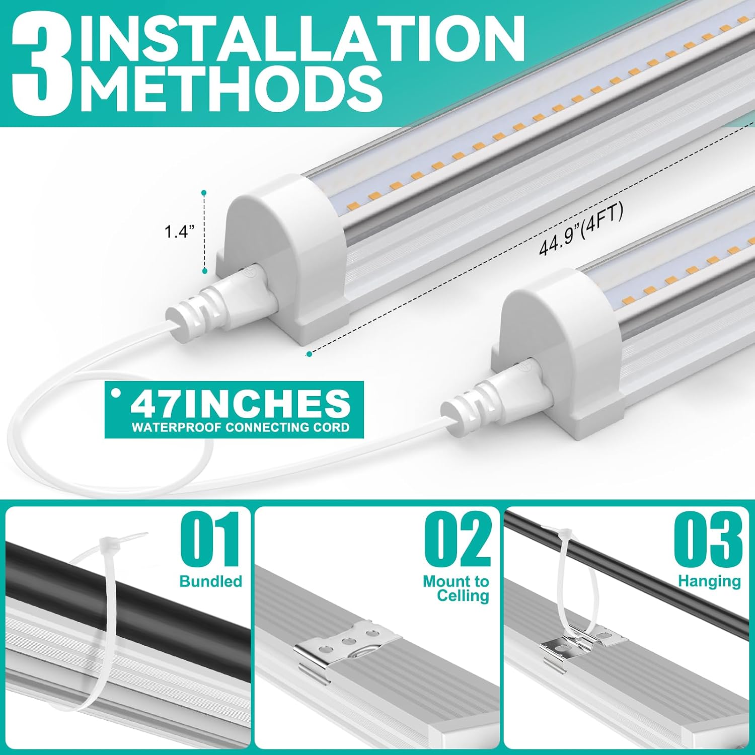 JESLED 4FT Grow Lights, 5000K Full Spectrum Sunlight White, V-Shaped Beam | 96W(2 X 48W), 600W Equiv, On/Off Switch, T8