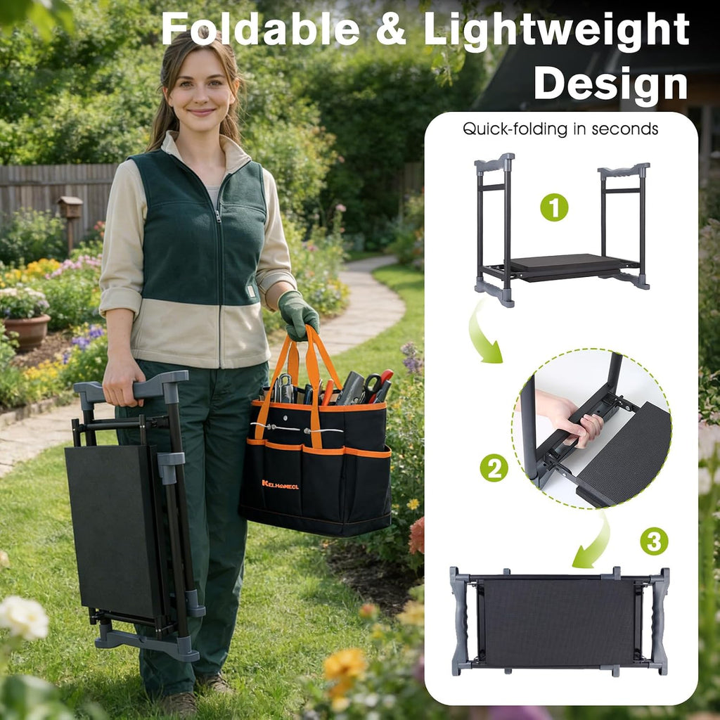 Garden Kneeler and Seat with Umbrella,Heavy Duty Gardening Bench and Stool | 2-in-1 Foldable Gardening Stool with
