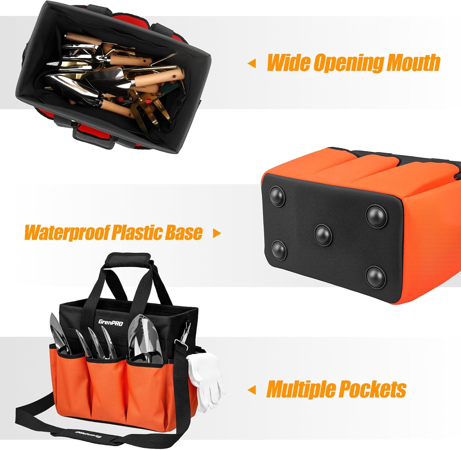 GRENPRO Garden Tool Bag, 10 Pockets, Adjustable Shoulder Strap, Orange | Heavy-duty gardening organizer tote stands