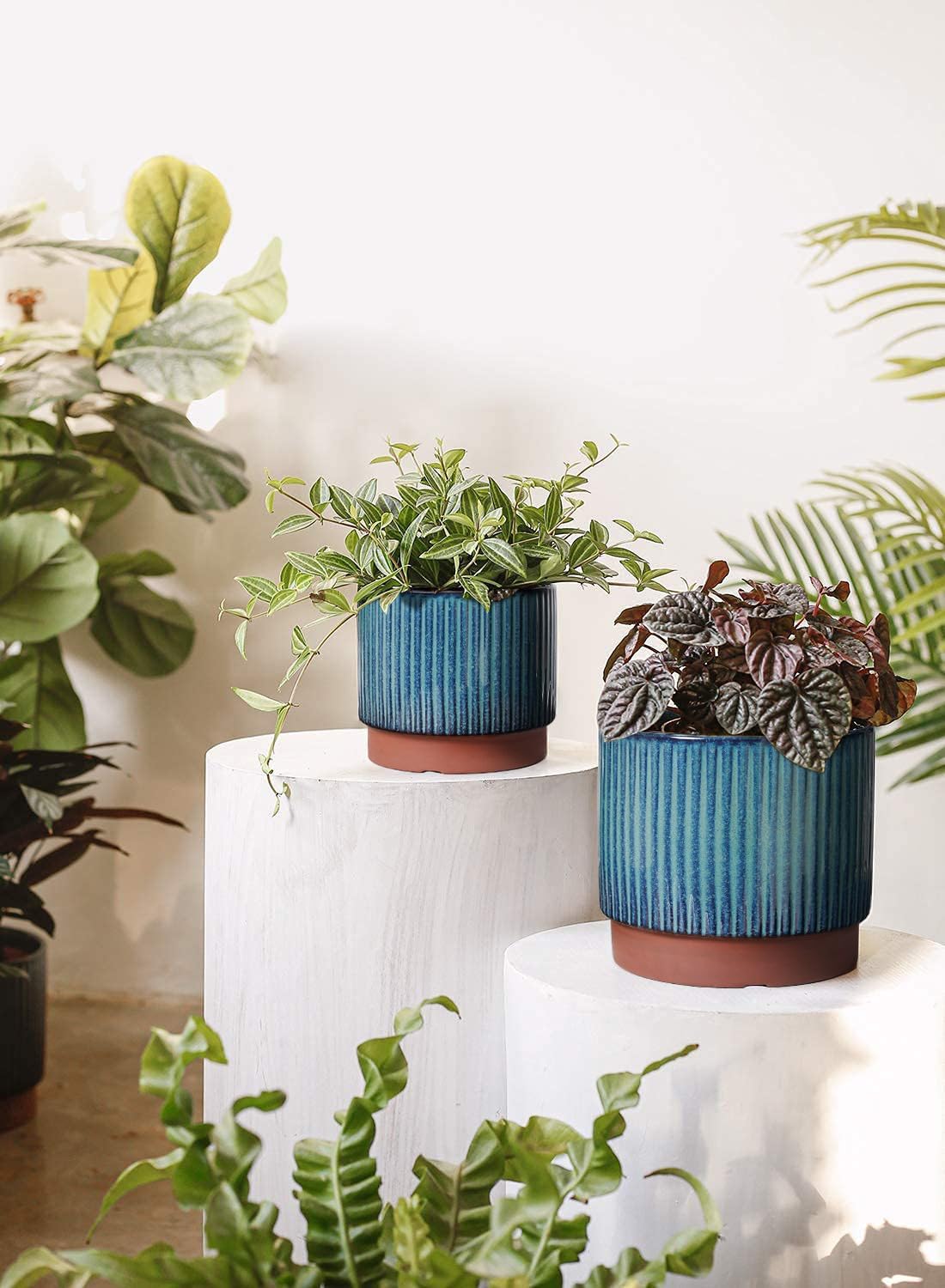 LE TAUCI Ceramic Plant Pots with Drainage Holes, Set of 3, 8+6.7+5.5 Inch Stripe Garden Planter Pots for Outdoor Indoor