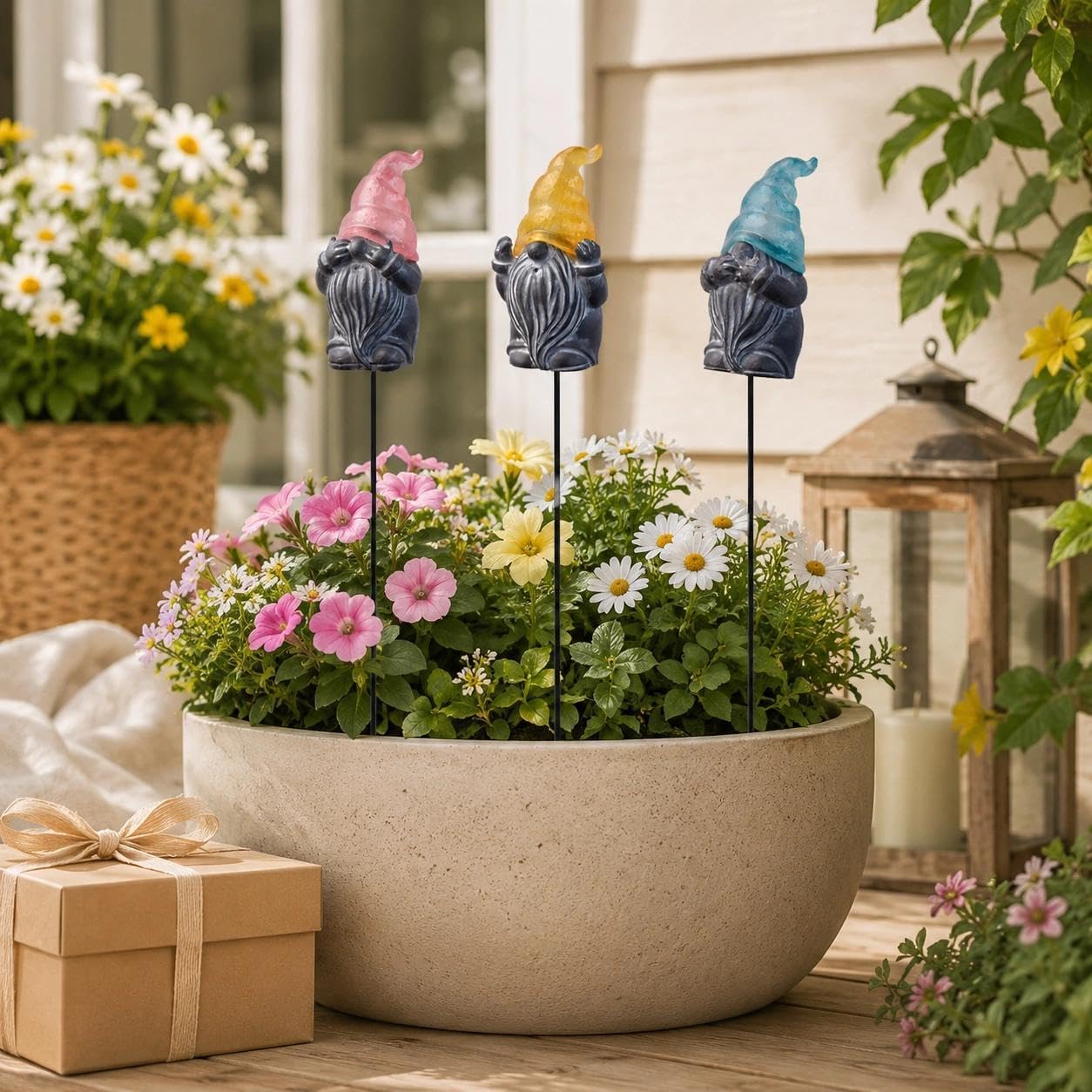 Set of 3 Gnome Garden Stakes, Cute Resin Garden Gnomes with Metal Stakes, Colorful Outdoor Yard Art Decor for Flower