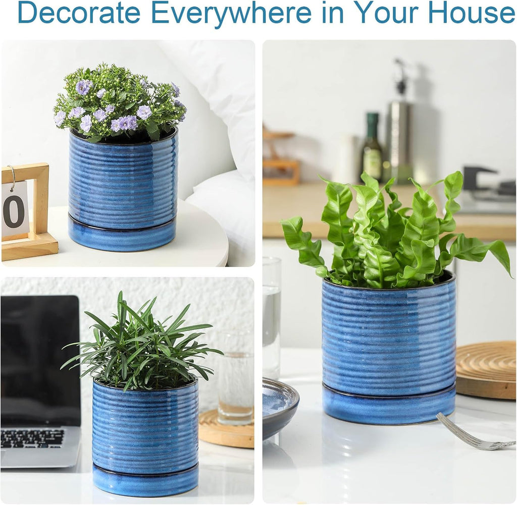 HASENSE Ceramic Plant Pot with Saucer, 6 Inch Planter for Indoor/Outdoor Plants with Drainage Hole,Blue Glazed Flower
