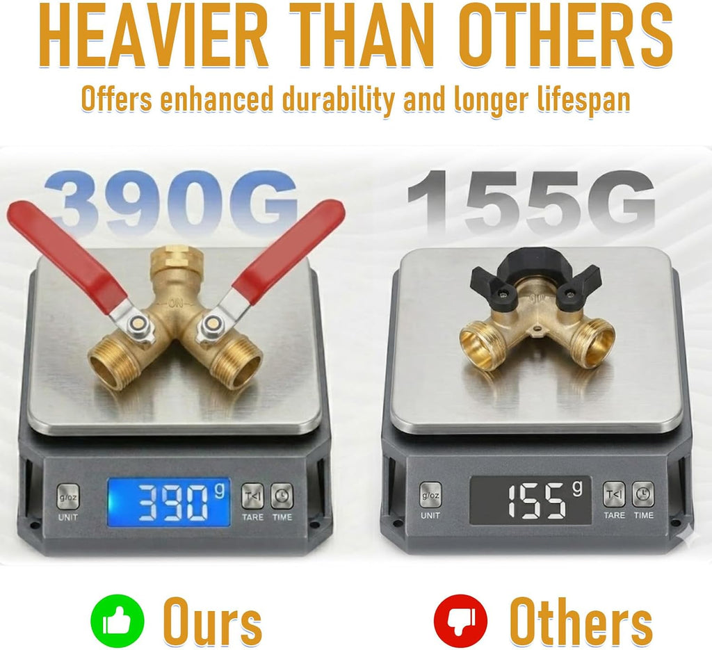 Garden Hose Splitter 2 Way, Heavy Duty Brass Y Valve Water Hose Splitter With Stainless Steel Long Handle Outdoor Full