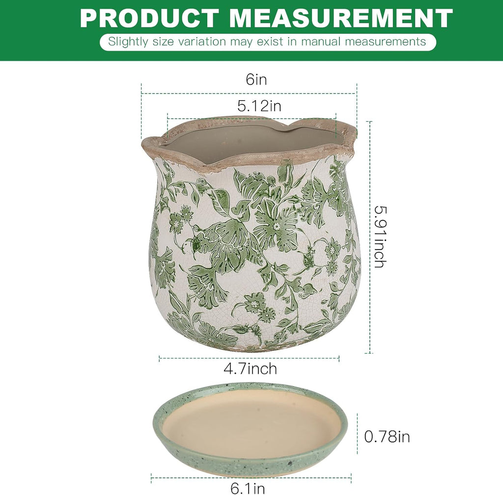 Ceramic-Planters-for-Indoor-Plants with Saucer, 6 inch Vintage Ice Crack Glaze Plant Pots with Drainage Holes