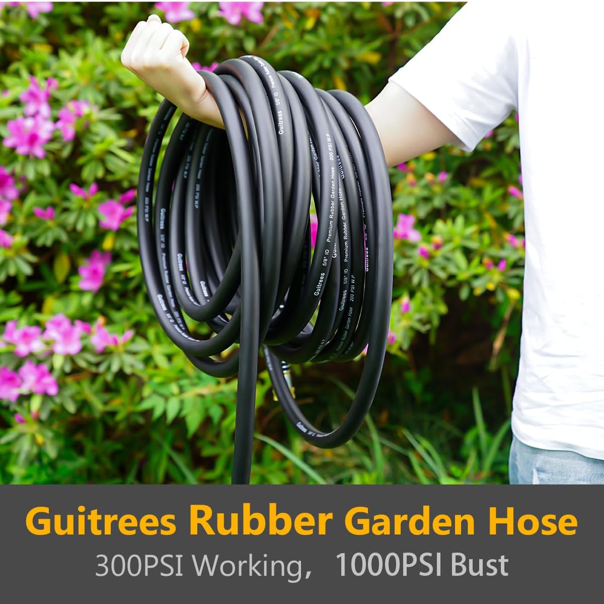 Guitrees 50FT 3/4 Heavy Duty Rubber Garden Hose - 300psi Working, 1000psi Burst - Hot/Cold Water - Five-Layered