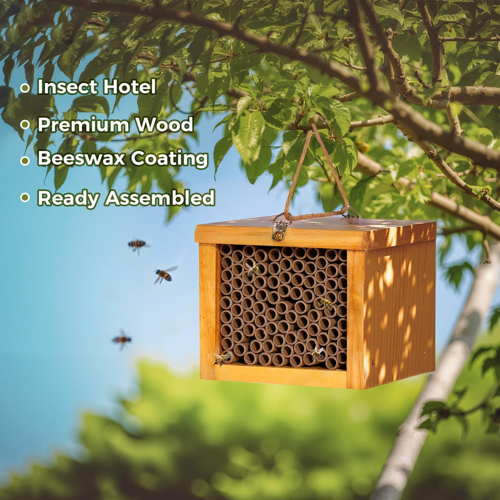 Mason Bee House - Wax Coated Bee Hotel for the Garden, Natural Handmade Wooden bee Home, Mason Bee Home for Outdoors