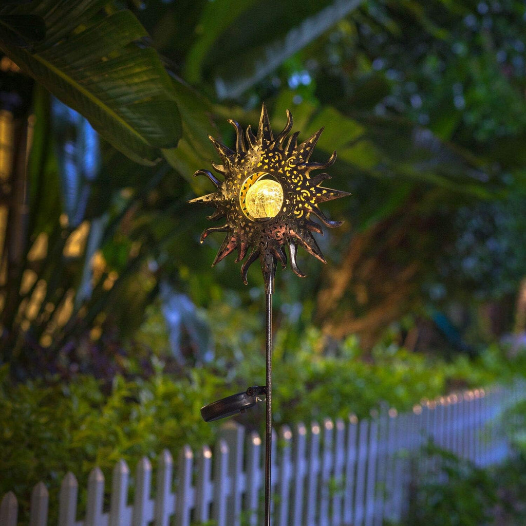 Large Sun Solar Garden Decor Lights Outdoor Garden Gifts Mom Dad, Crackle Glass Metal Stake Backyard Decor, Waterproof