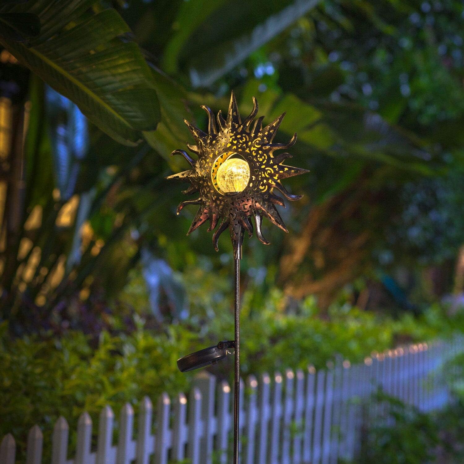 Large Sun Solar Garden Decor Lights Outdoor Garden Gifts Mom Dad, Crackle Glass Metal Stake Backyard Decor, Waterproof