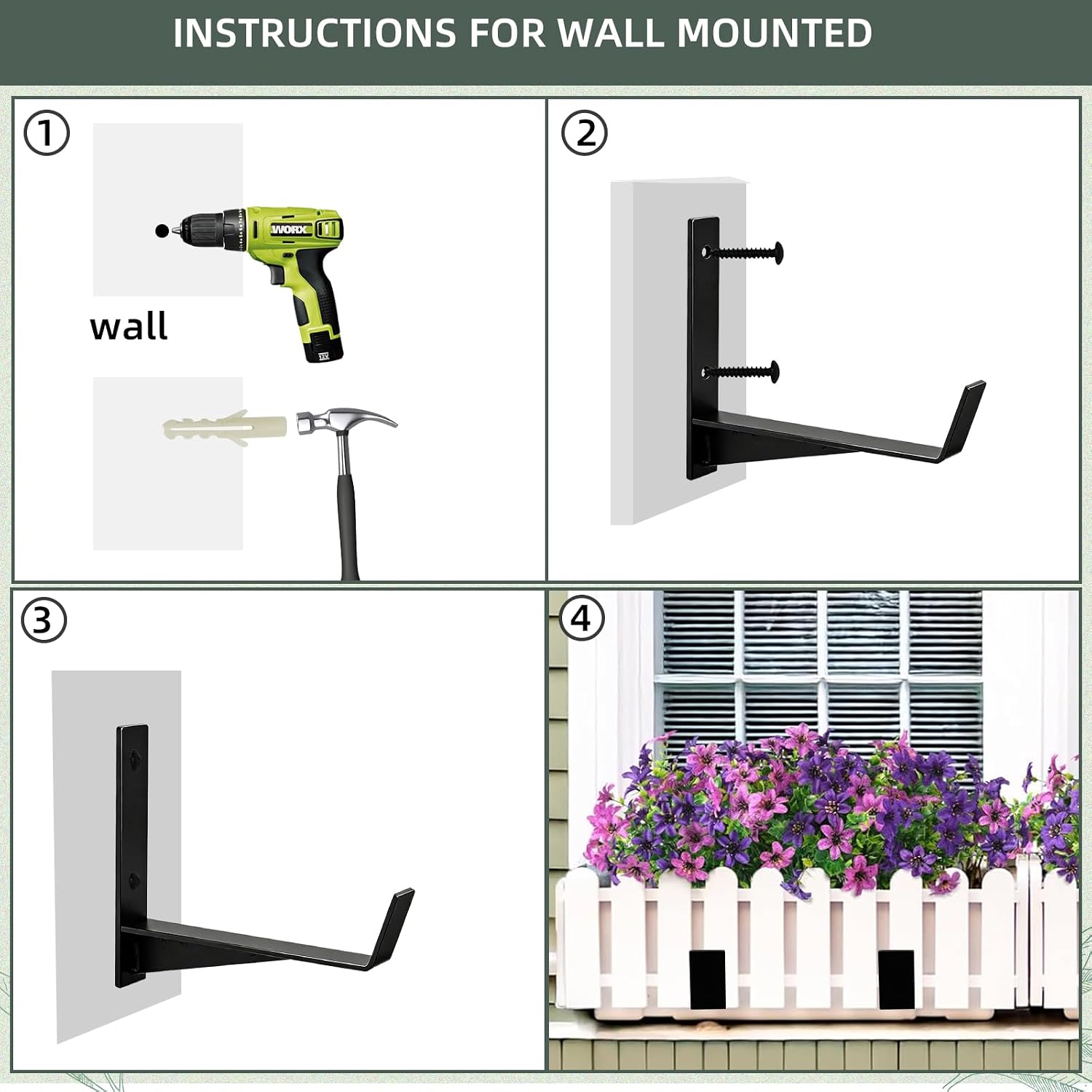 Window Box Brackets, 6 inch Flower Planter Box Brackets, Heavy Duty Metal Flower Box Wall Mounting Hooks for Railings
